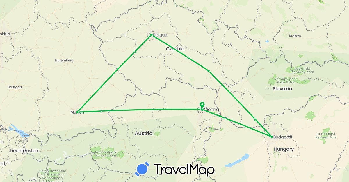 TravelMap itinerary: driving, bus in Austria, Czech Republic, Germany, Hungary (Europe)